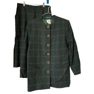 Vintage Harve Benard Suit Jacket 10 and Skirt 14 Womens Green Plaid Wool